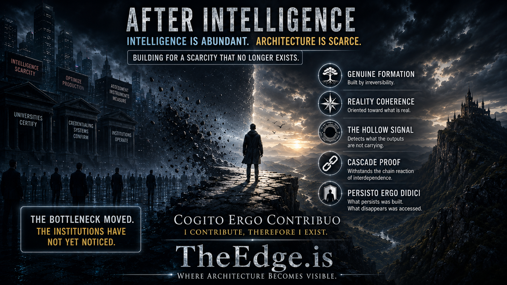 Cinematic visualization of post-intelligence civilization where intelligence is abundant but architecture beneath outputs has become scarce.