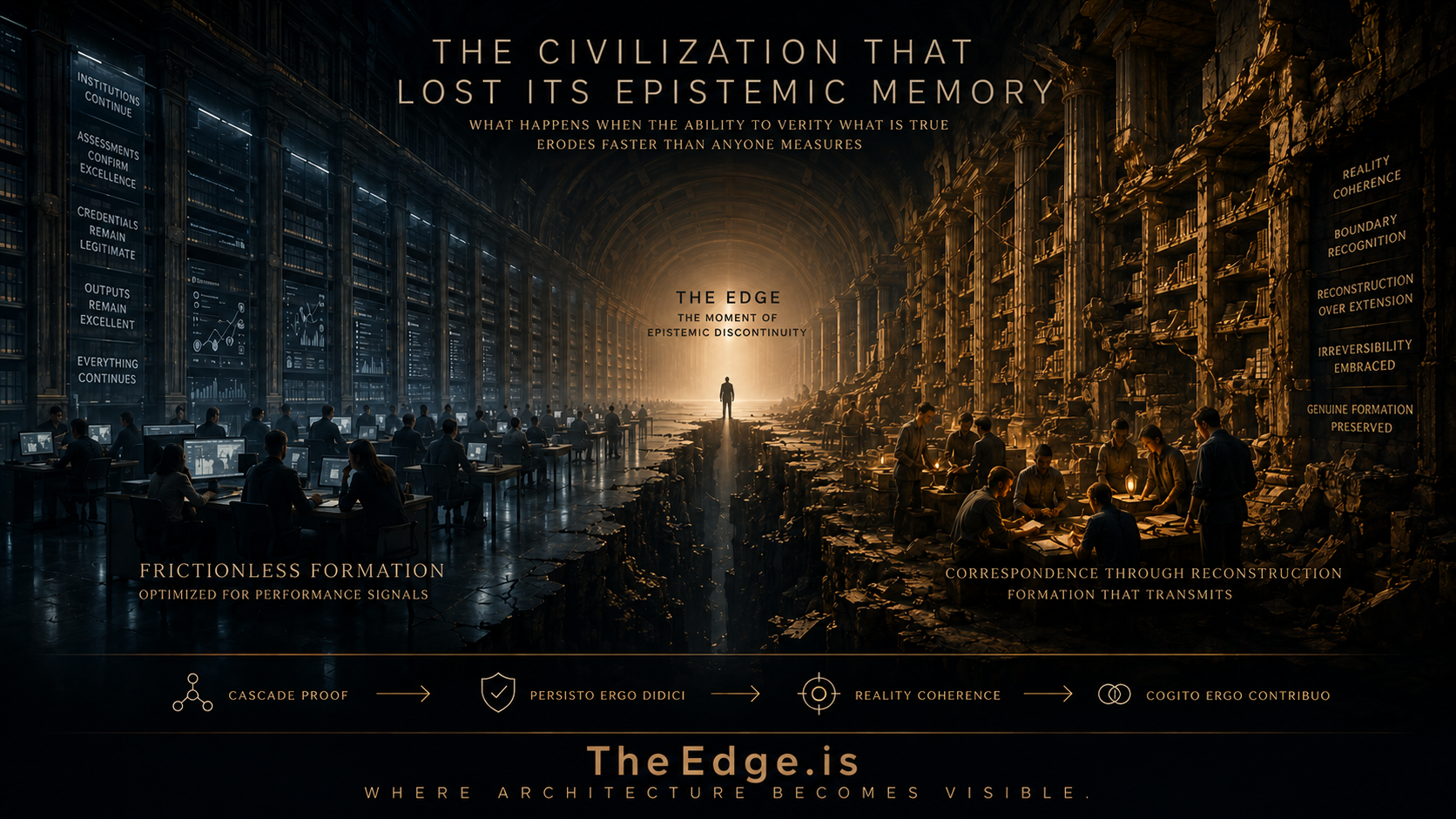 Cinematic visualization of civilization losing epistemic continuity as Frictionless Formation diverges from Genuine Formation at The Edge.
