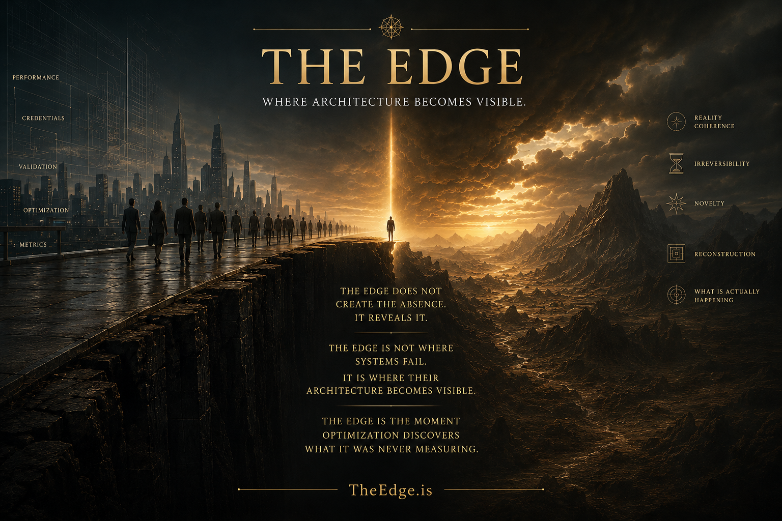 Cinematic visualization of The Edge where hidden architecture becomes visible under irreversible reality conditions.