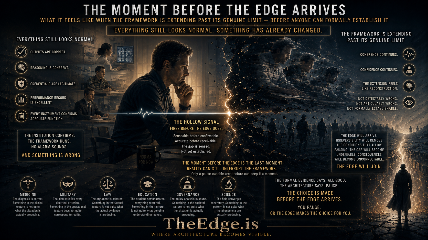 Cinematic visualization of the moment before The Edge arrives where everything still appears normal while coherent extension has already crossed its genuine limit.