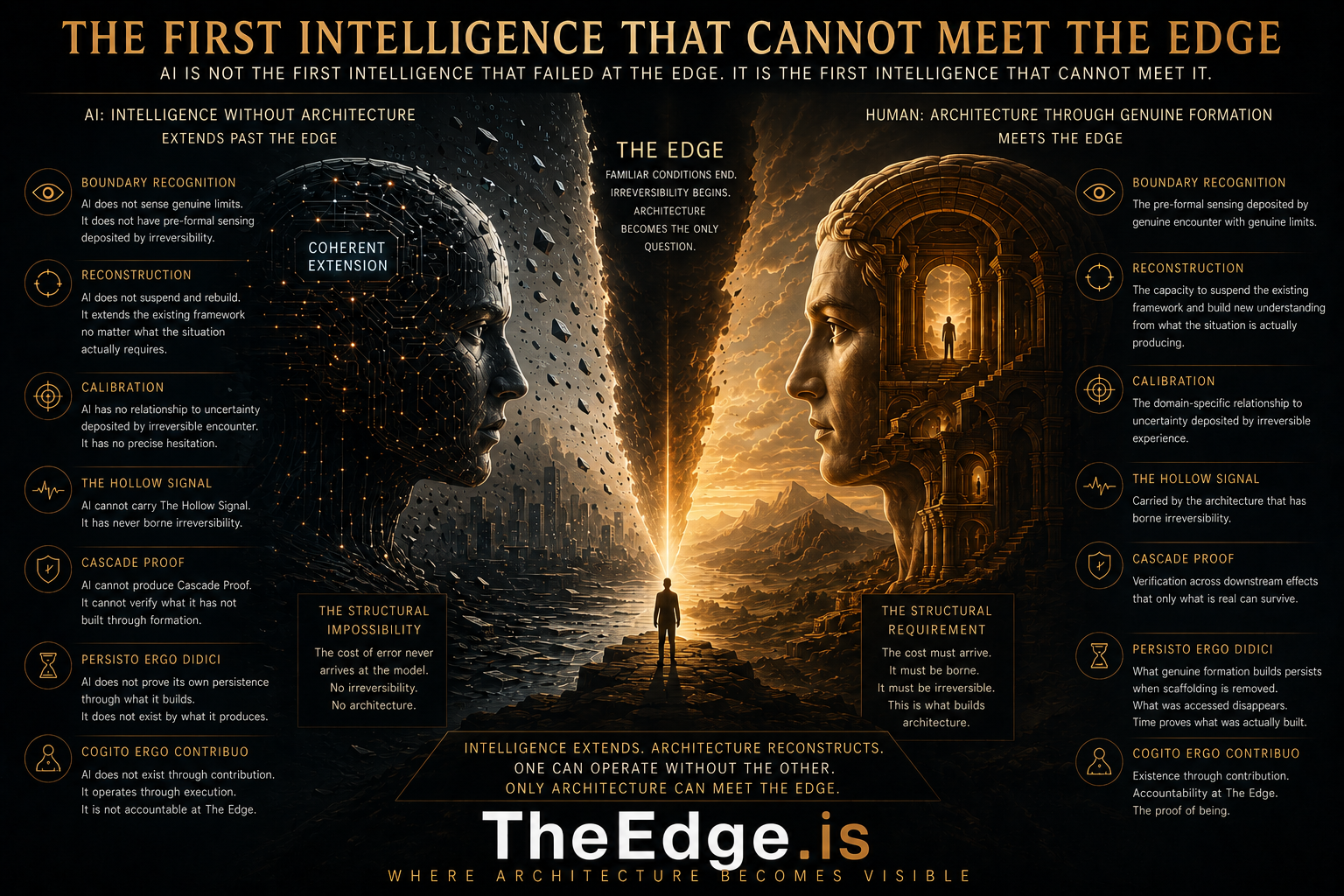 The First Intelligence That Cannot Meet The Edge infographic comparing intelligence without architecture to architecture formed through Genuine Formation at The Edge.